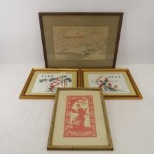 Japanese Watercolor & 3 Art Pieces