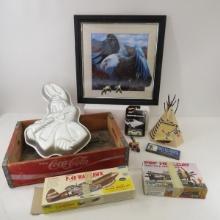 Coke crate, cake pan, toys, eagle art & model kits