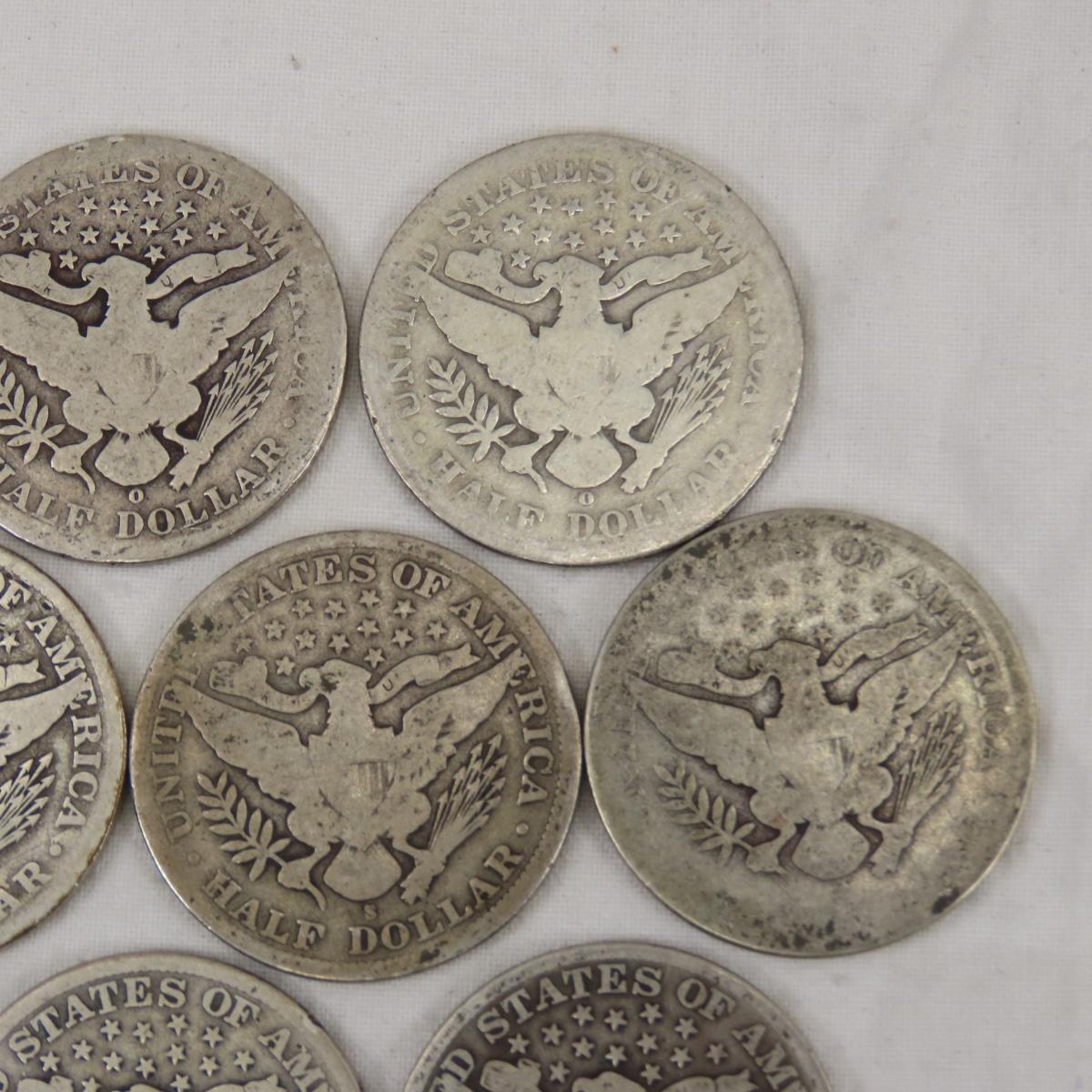 10 Barber Silver Half Dollars 1899-1913