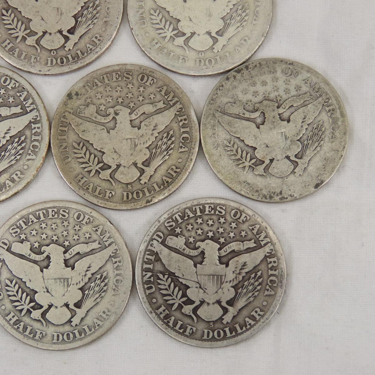 10 Barber Silver Half Dollars 1899-1913