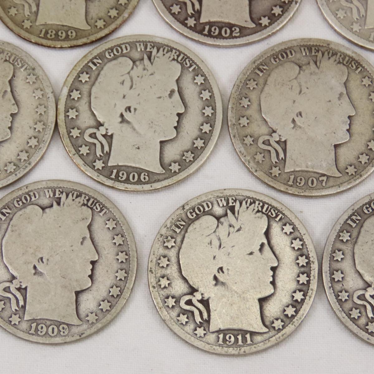 10 Barber Silver Half Dollars 1899-1913