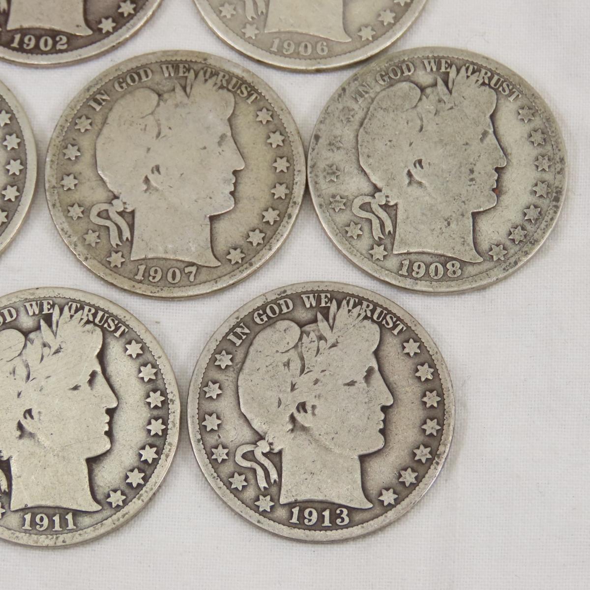 10 Barber Silver Half Dollars 1899-1913