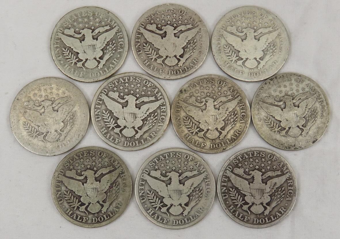 10 Barber Silver Half Dollars 1899-1913