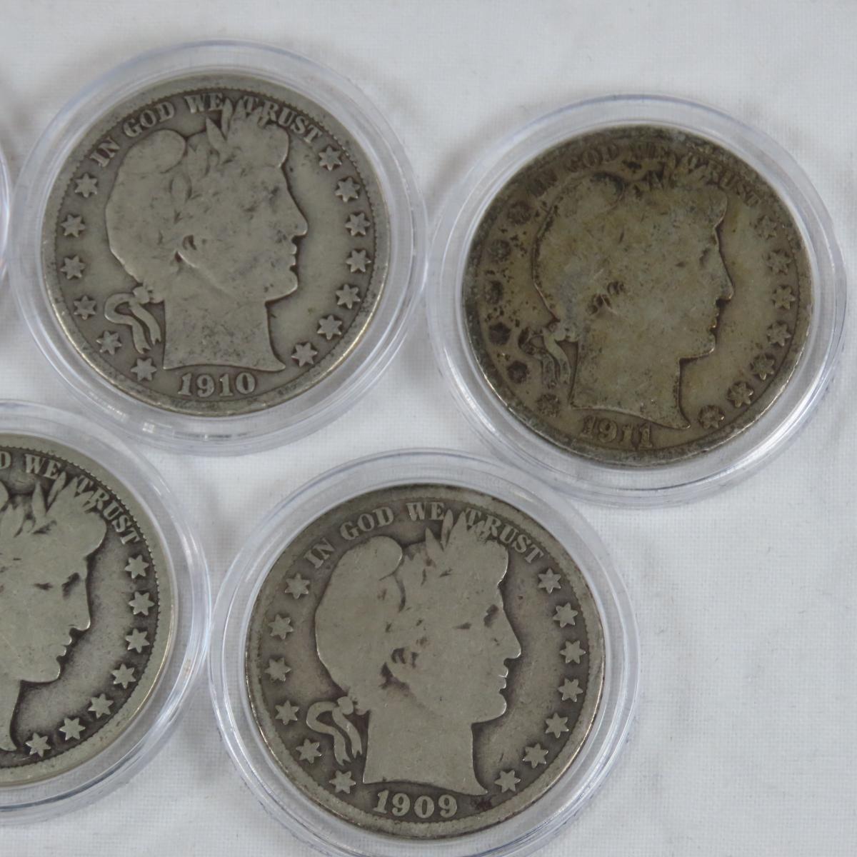 Set of 5 Barber Half Dollars in case