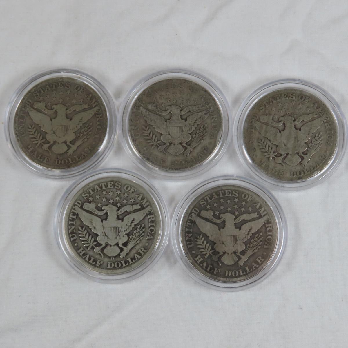 Set of 5 Barber Half Dollars in case