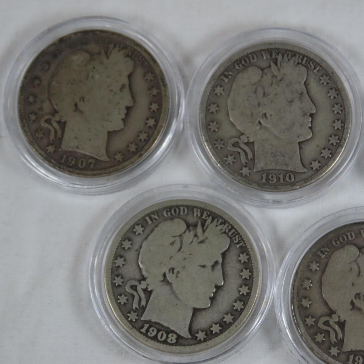 Set of 5 Barber Half Dollars in case