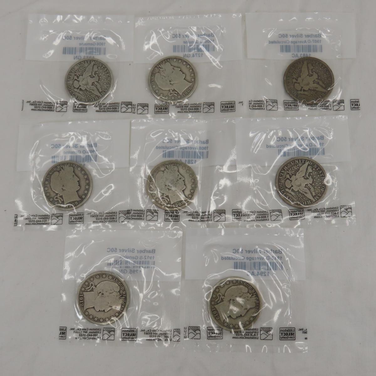 8 Barber Half Dollars 1906-1912 Littleton Coin Co