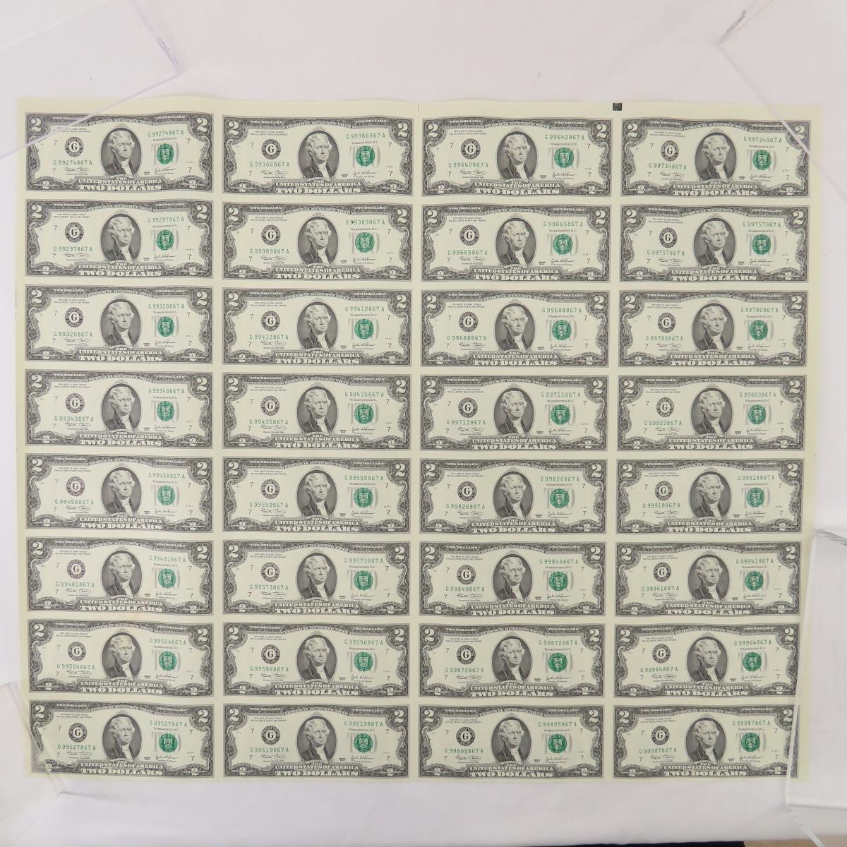 2003 & 2003 A $2 Note Uncut Sheets