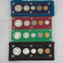 1961, 1962, 1964, 1964 US Proof Sets in cases