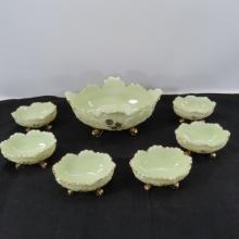 Custard Glass oval footed berry bowl set, uranium