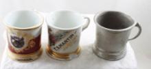 2 Occupational Antique Shaving Mugs & 1 Aluminum