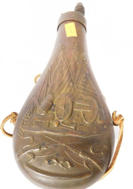 Lot #45C - Early brass etched decorated powder horn with war motif and screw in top and  leather