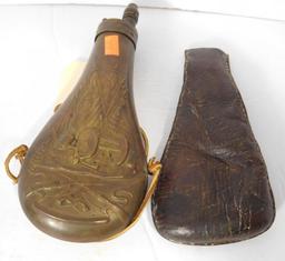 Lot #45C - Early brass etched decorated powder horn with war motif and screw in top and  leather
