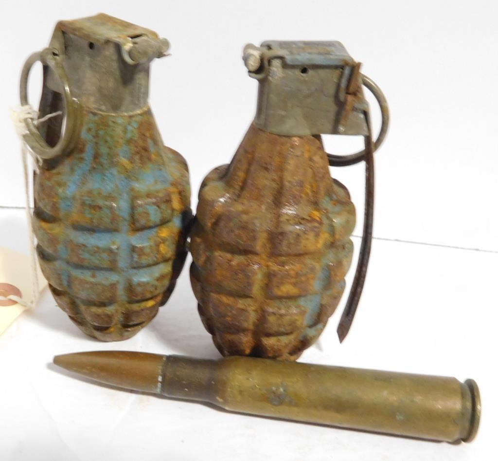 Lot #90A - (2) Dummy Grenades, (1) 50 cal round - SHIPPING NOTICE: These items can’t be  shipped