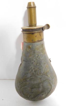 Lot #90B - (3) antique metal powder horns and shot flasks