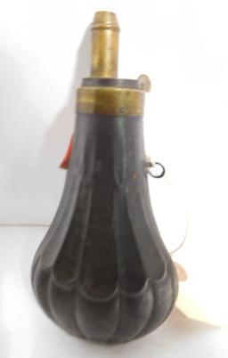 Lot #90B - (3) antique metal powder horns and shot flasks