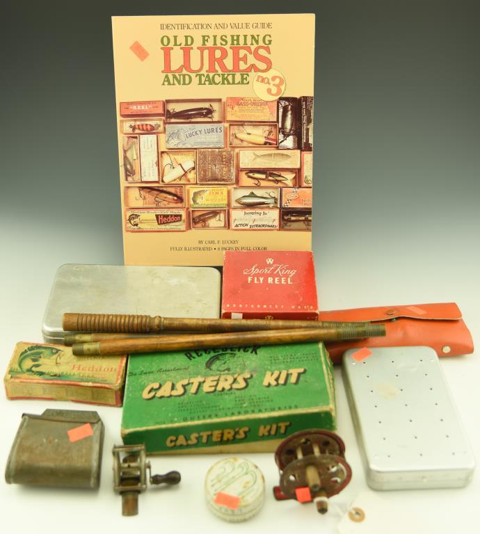 Lot 3310 - Vintage fishing lot: vintage Reelslick Caster’s Kit in original box, tin fly boxes,