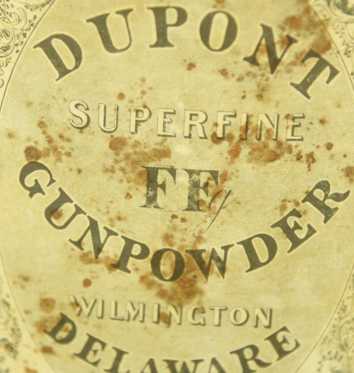 Lot 3492 - Primitive DuPont Superfine FF Gunpowder tin with original paper label