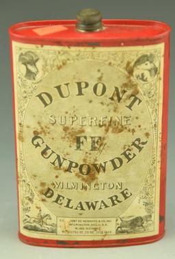 Lot 3492 - Primitive DuPont Superfine FF Gunpowder tin with original paper label