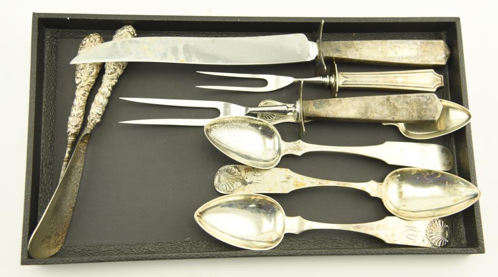 Lot 1238 - (9) Pieces of sterling and coin silver: 2 spoon signed WARRINGTON PHILA and 2 signed