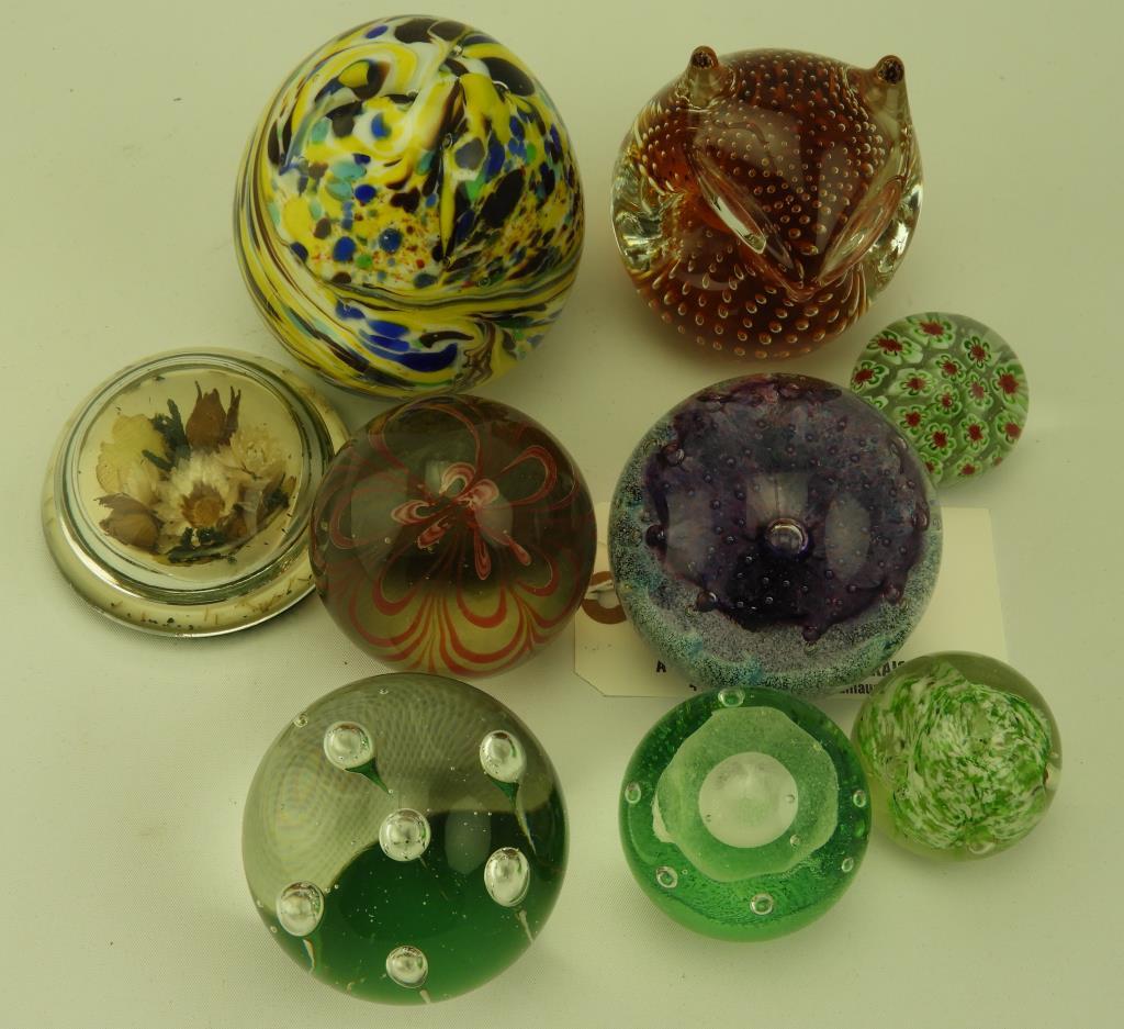 Lot 1709 - (9) Art glass paperweights: one has Pilgrim Glass label, one signed, etc.