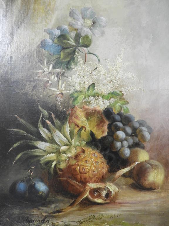 Lot 1717 - Antique oil on canvas still life 19thC painting depicting a pineapple, plums, grapes,