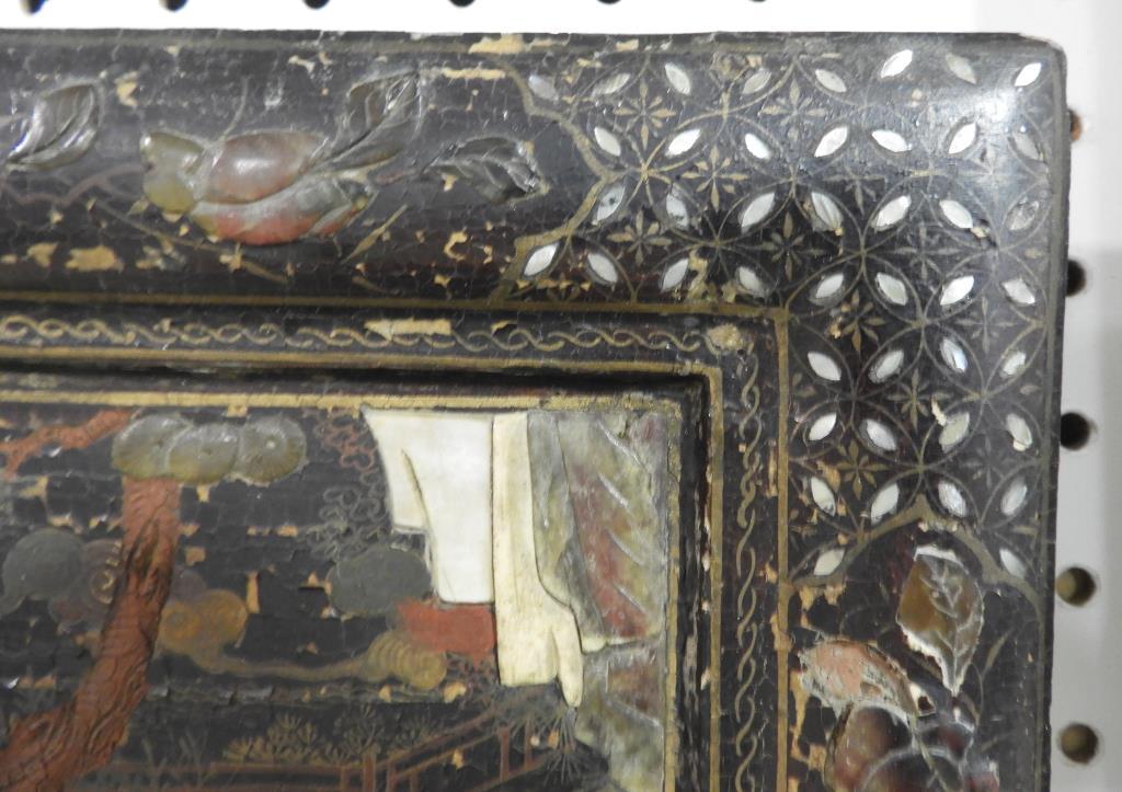 Lot 1726 - Antique Chinese lacquered mirror inlaid with bone, stone, abalones, etc. (22” x 14”)