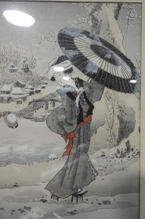 Lot 1732 - Old Japanese woodblock print: framed & matted (16 ½” x 11”)