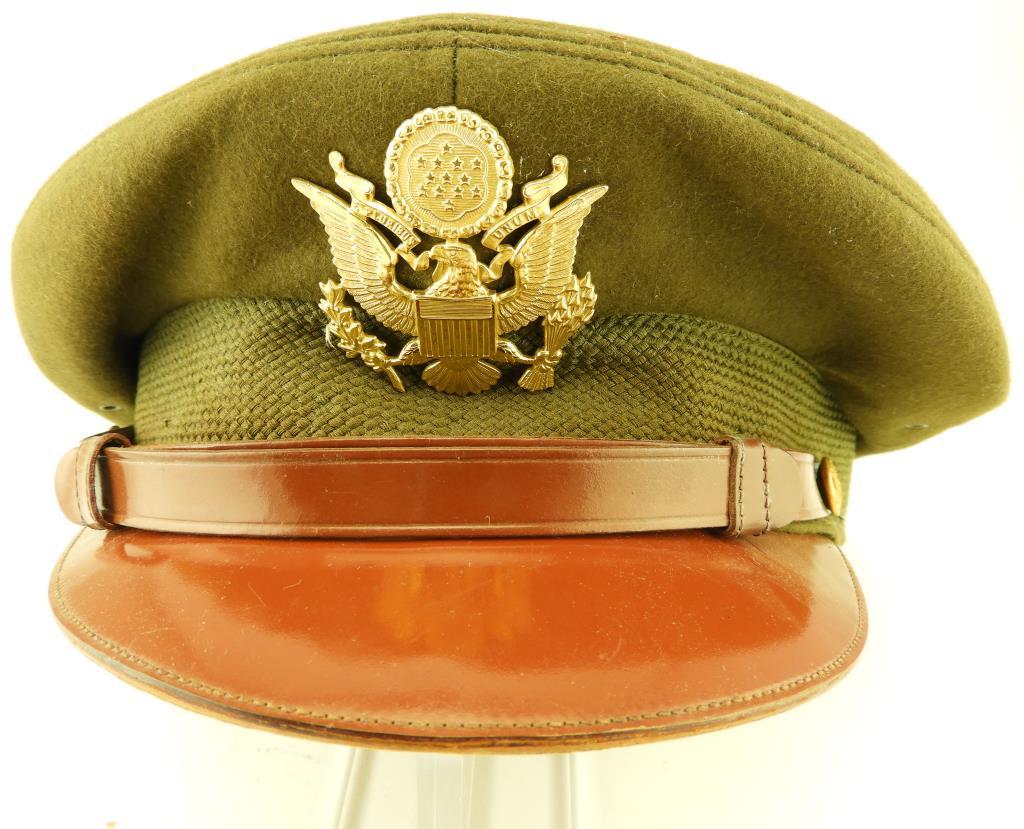 6 US Army Peaked Officer Hats - Olive Drab, Tan & Navy Blue. Most made by Bancroft Military Caps.