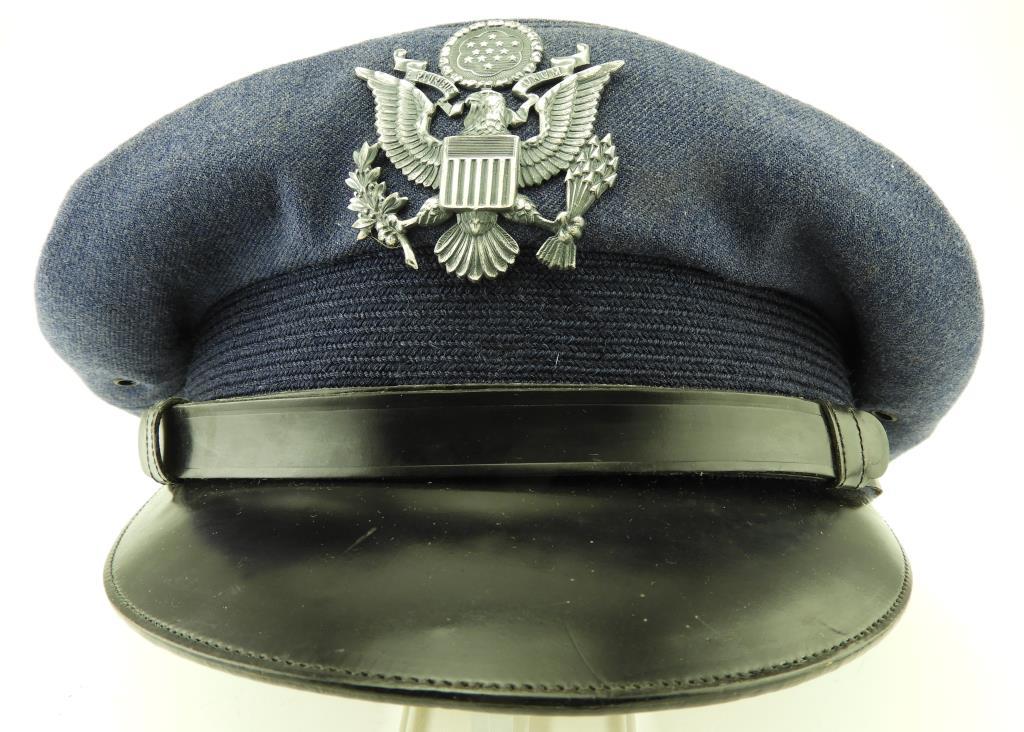 6 US Army Peaked Officer Hats - Olive Drab, Tan & Navy Blue. Most made by Bancroft Military Caps.