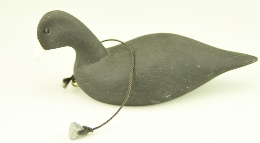 Lot #17 - (2) Miniature carved coot decoys (one is branded JBL on underside) and rigged with
