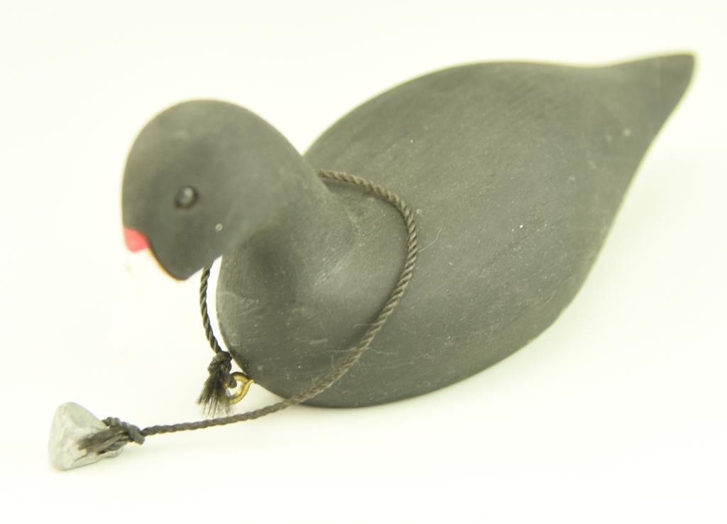 Lot #17 - (2) Miniature carved coot decoys (one is branded JBL on underside) and rigged with