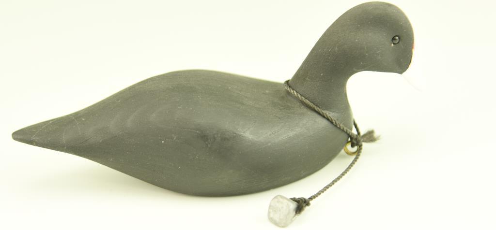 Lot #17 - (2) Miniature carved coot decoys (one is branded JBL on underside) and rigged with