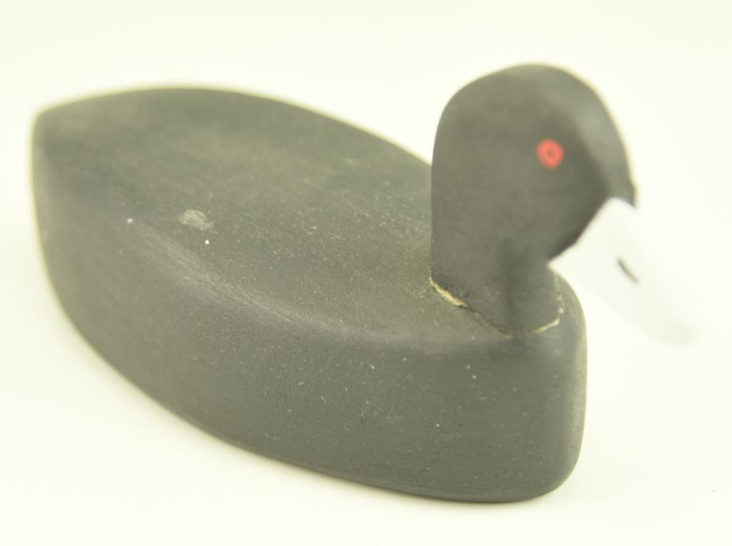 Lot #17 - (2) Miniature carved coot decoys (one is branded JBL on underside) and rigged with