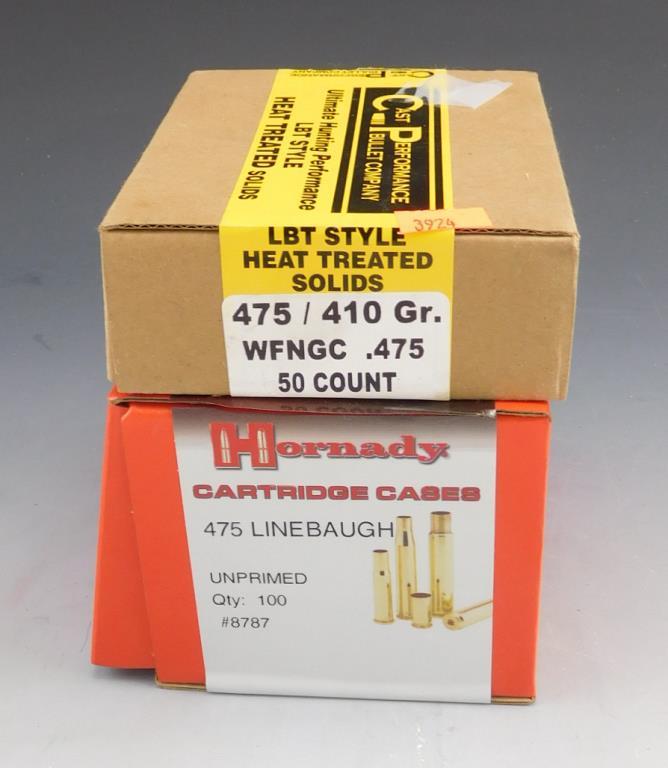 Lot #170 - (1) box of  Hornady .475 Linebaugh Cartridge cases (100 total), (1) Cast  Performance