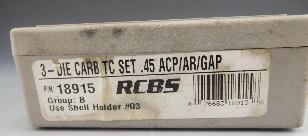 Lot #172 - (2) RCBS pistol reloading dies: .45 ACP/AR/GAP, and .45 Colt, (2) boxes of  Hornady