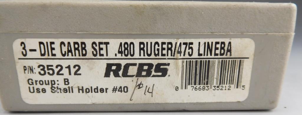 Lot #174 - (1) RCBS 3 Die Carb set .480 Ruger /475 Linebaugh, (1) box of Hornady .480 Ruger  un