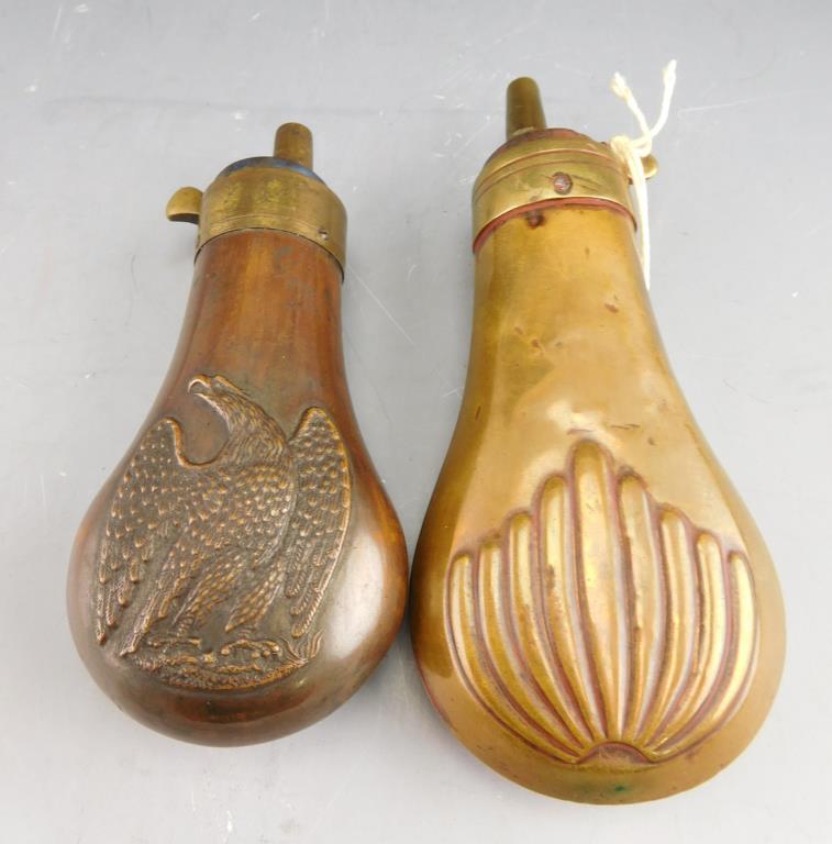 Lot #234 - (2) Small Civil War era brass powder flasks (1) Spread eagle pattern and (1) Shell
