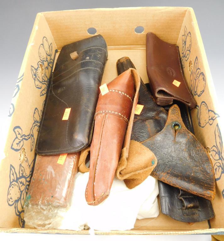 Lot #24 - Miscellaneous Pistol holster lot: Leather holster, (3) leather belt mount  bullet