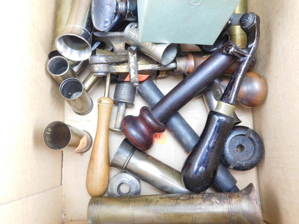 Lot #245 - Box of vintage and antique reloading items: Several James Dixon and Sons Powder