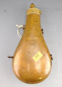 Lot #290 - (2) Antique powder flasks to include: Antique brass paneled powder flask with  hanging