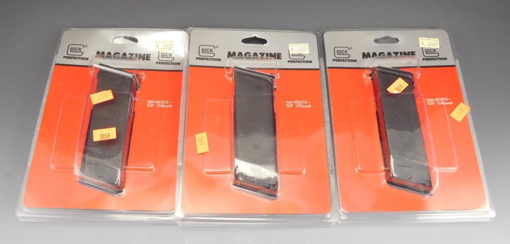 Lot #33 - (3) Glock G21 13 round double stack .45 ACP mags (all new in packaging never  used)