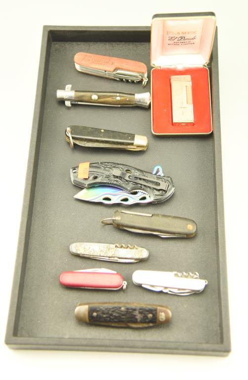 Lot #13B - Flat of (10) knives to include: survival style, swiss army style, etc.