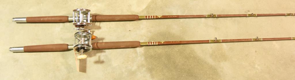 Lot #6 - (2) Vintage Penn Senator 113H level wind fishing reels on Fenwick 20lb class rods