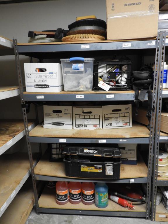 Lot # 4617 - 5 Tier metal Steel shelving unit and contents to include: Paper cutter, Buffing pads