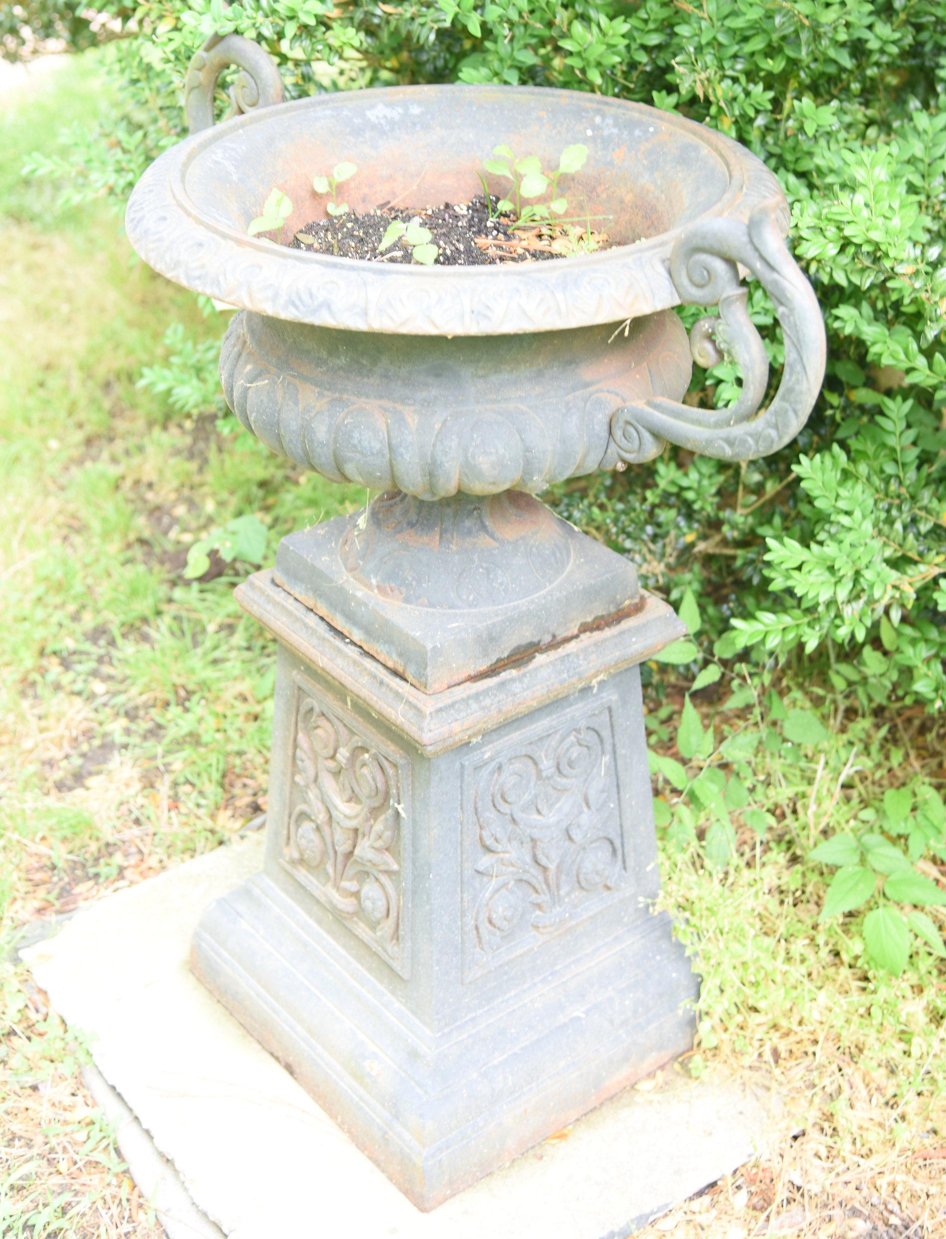 Lot #352 - Cast iron double handled 18” flower fernery/planter on cast iron pedestal 35” tall