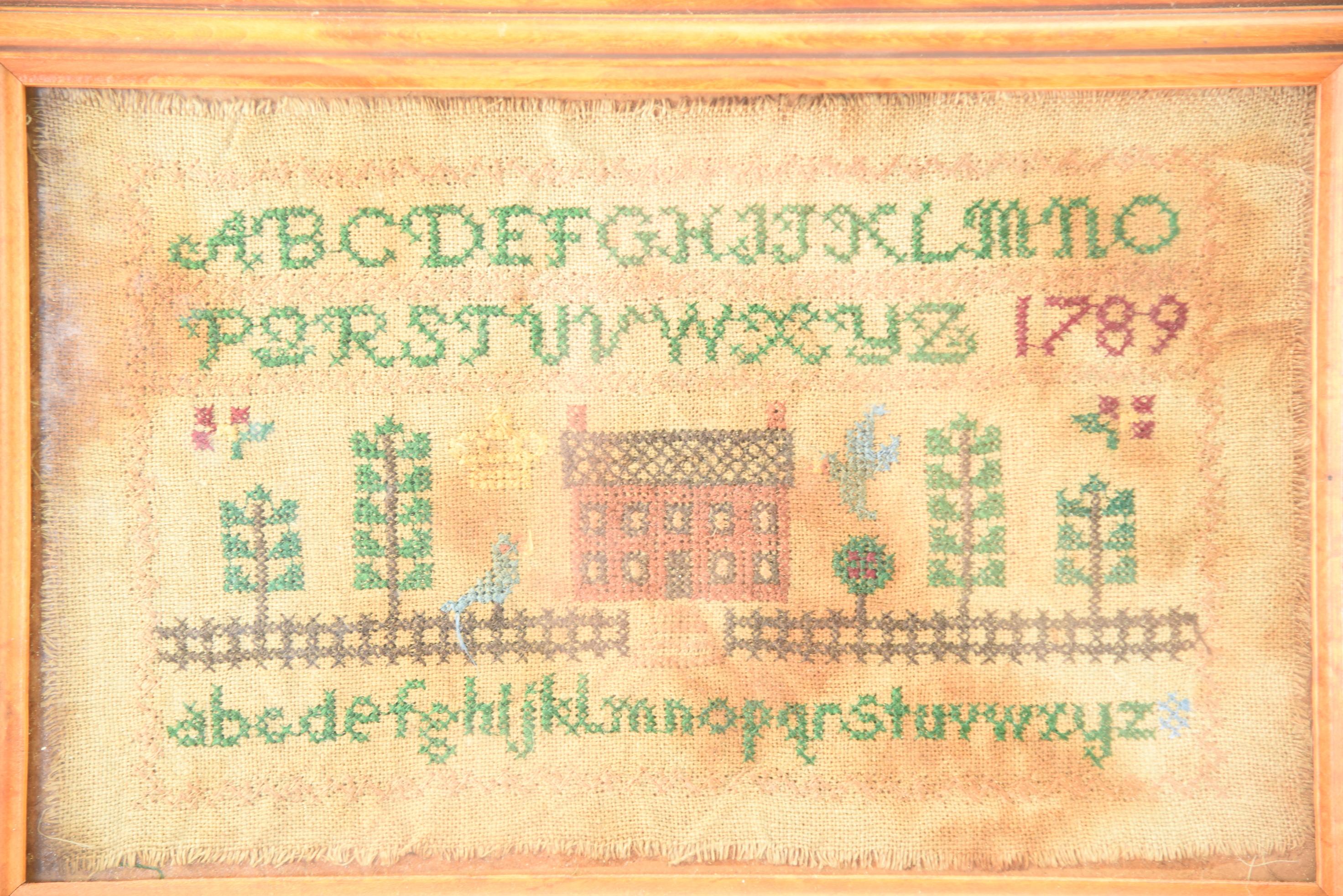 Lot #370 - Framed 18th Century Virginia needlepoint alphabet sampler with upper and lower case