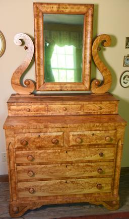 Lot #533 - Stunning late 19th Century classic revival Maple flame veneered dresser with antlered