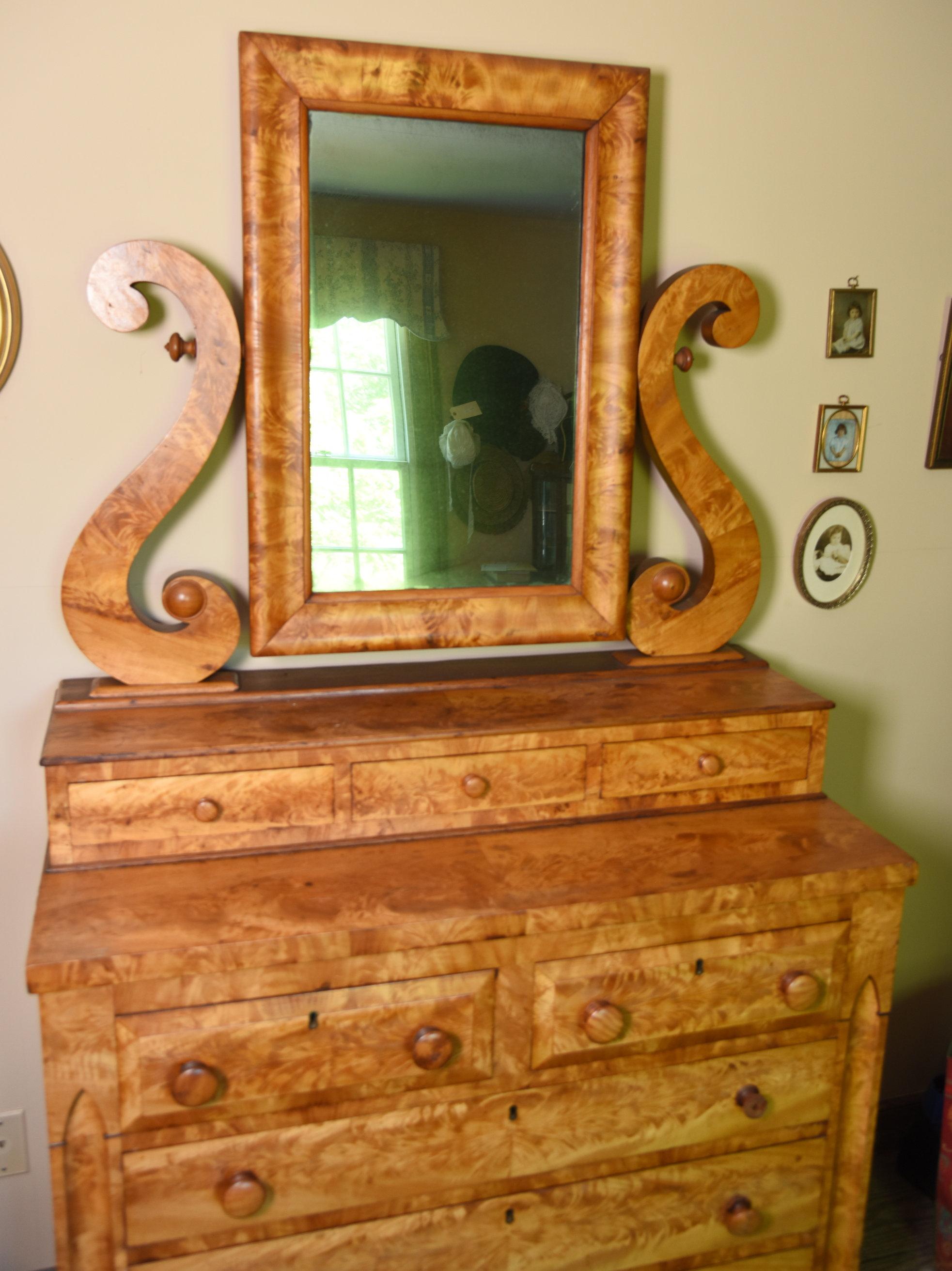 Lot #533 - Stunning late 19th Century classic revival Maple flame veneered dresser with antlered