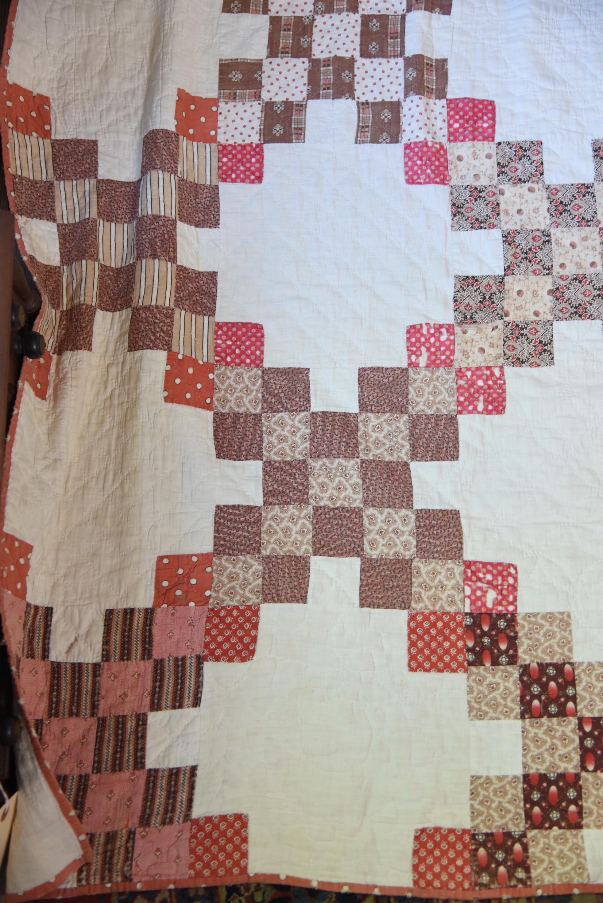 Lot #537 - Antique patchwork quilt in various colored themed blocks (80” x 83”) (good to